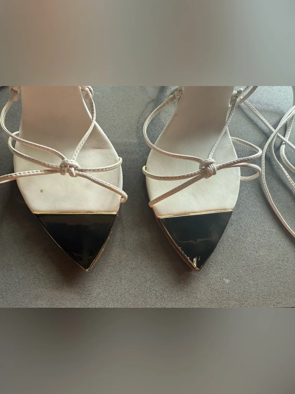 Schutz White Lace-Up Pointed Toe Heels with gold Cap - Women's Size US7